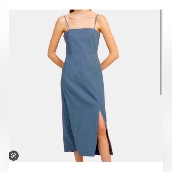 👗 Theory Clean Strap Dress Blue Steel NWT Size 6 Midi Slit Chic 👗 - Picture 1 of 8